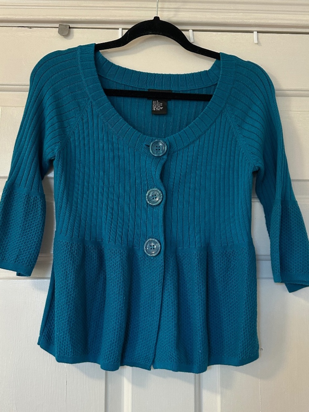 RQT Turquoise Teal 3/4 Sleeve Cardigan Blouse Women's Small Cotton Blend Ribbed